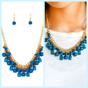Goldtone and Blue Beaded Necklace and Earring Set. NWT